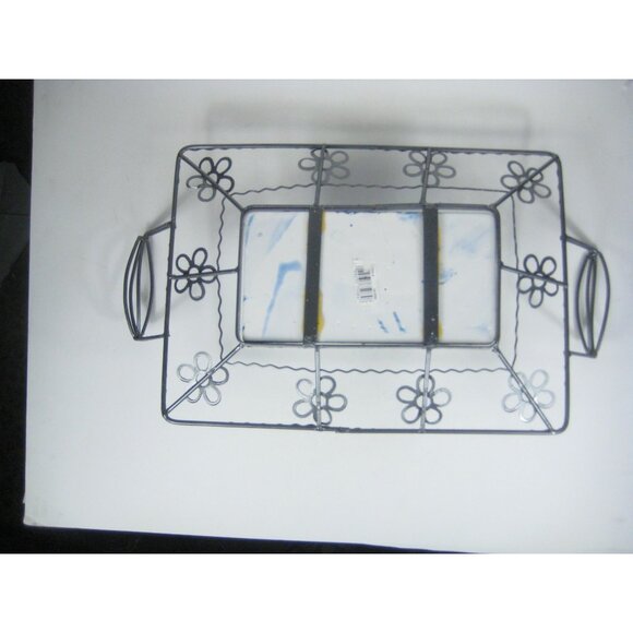 Wire Basket Blue Floral Ceramic Centerpiece Rustic Farmhouse 17 inch - Picture 9 of 10